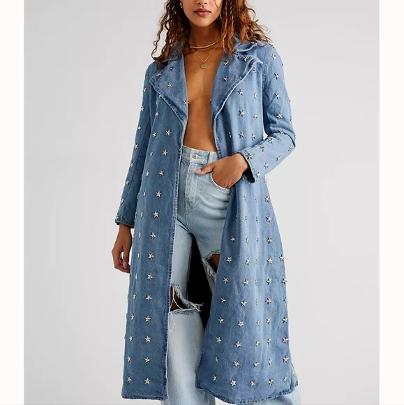 Free People x Understated Star Studded Denim Trench New - Picture 1 of 9